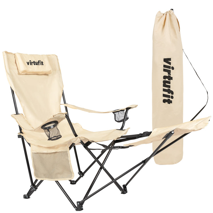 VirtuFit Opvouwbare Camping Stoel met Voetsteun - Strandstoel - Beige - Tweedekans - Hoofdafbeelding