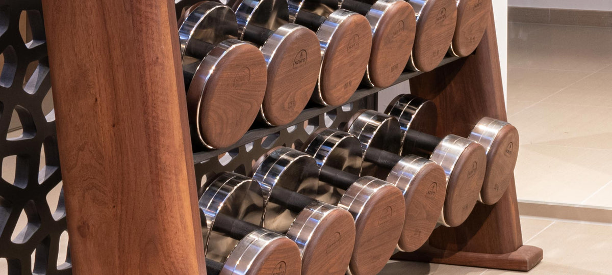 Nohrd Dumbbellset van 36 - Incl. Opbergrek - Walnoot - Detailopname