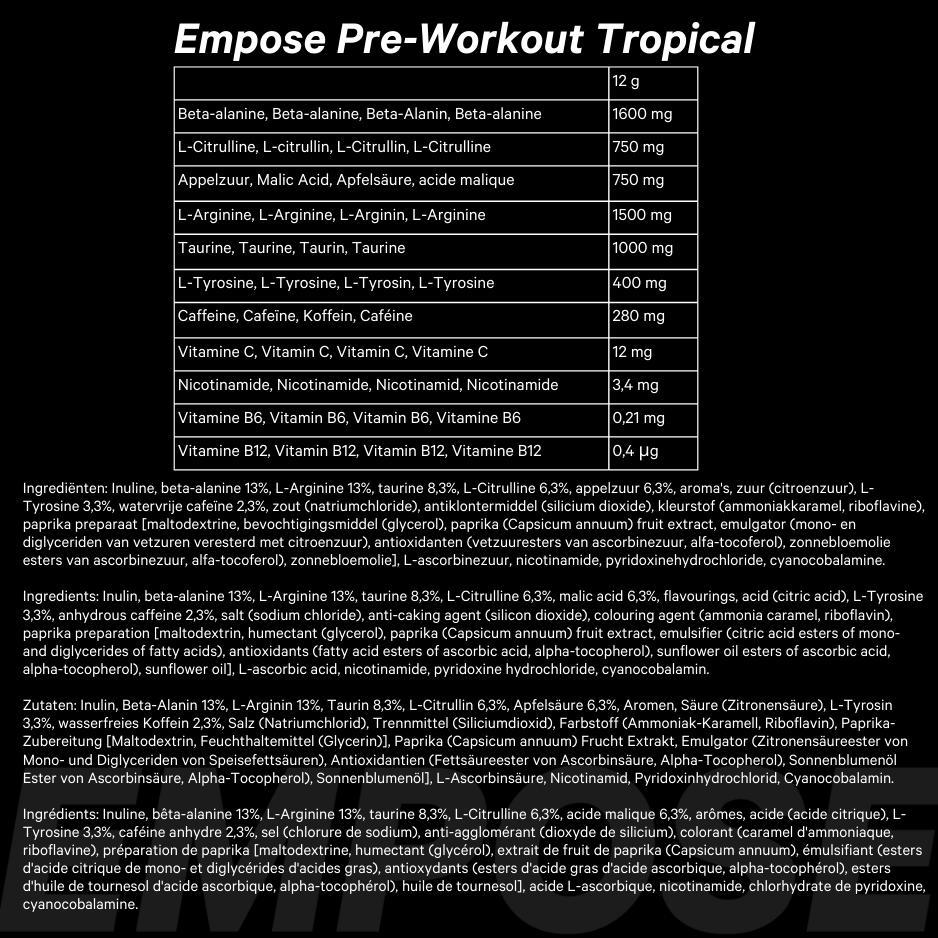 Empose Nutrition Pre-Workout Accelerate - 280 mg Caffeine - 360 gr - Tropical - Aanzicht