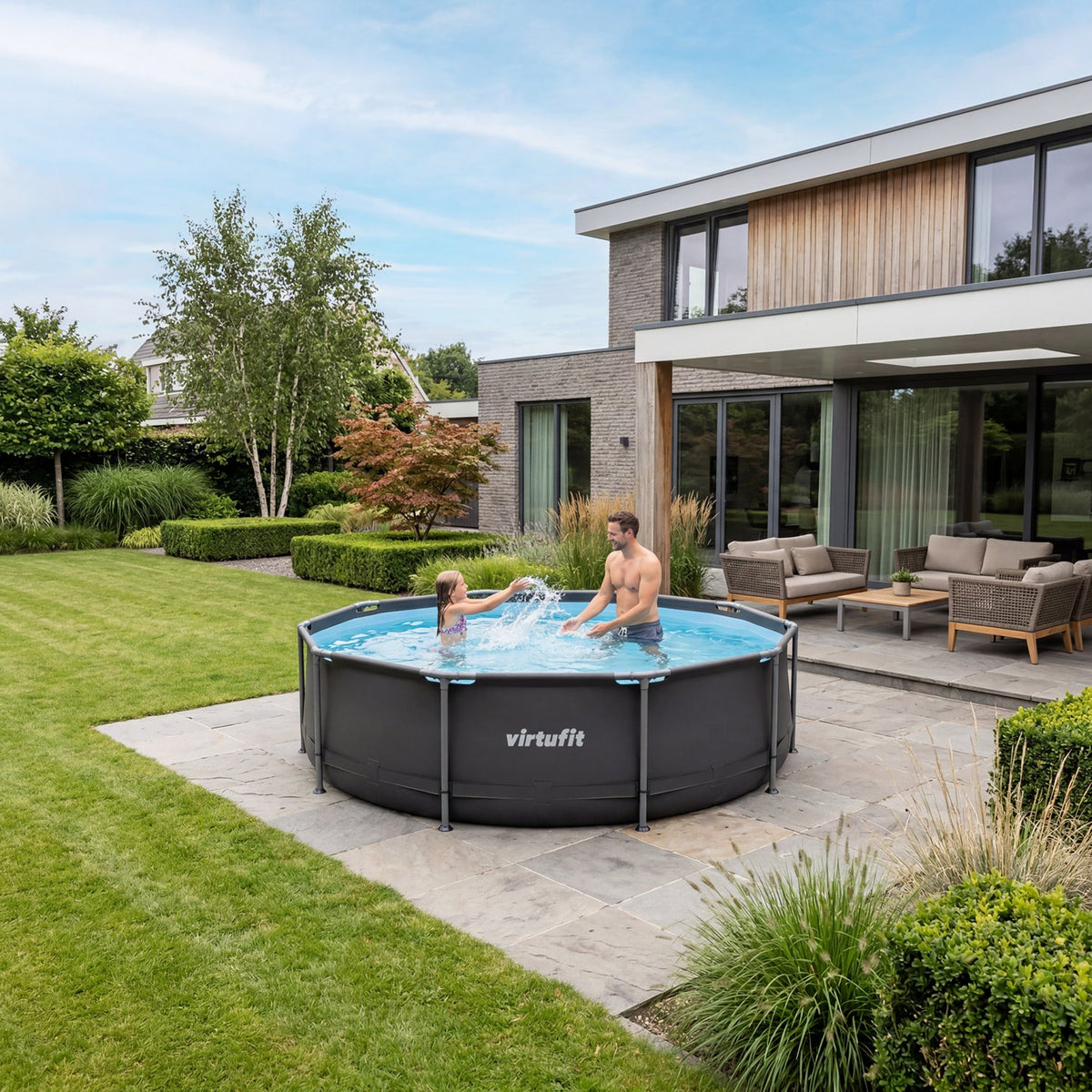 VirtuFit Rond Zwembad Ø244x 76 cm - Antraciet - Compleet pakket - Aanzicht