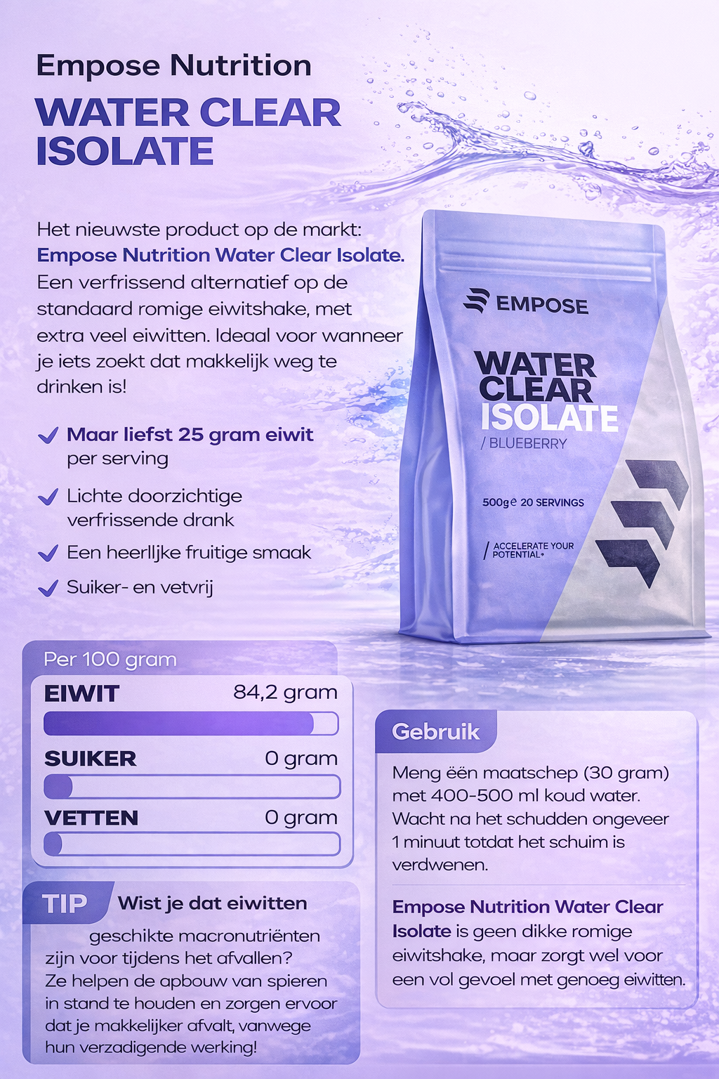 Empose Nutrition Water Clear Isolate - Proteine Ranja - Eiwit Poeder - 500 gr - Blauwe Bes - Detail