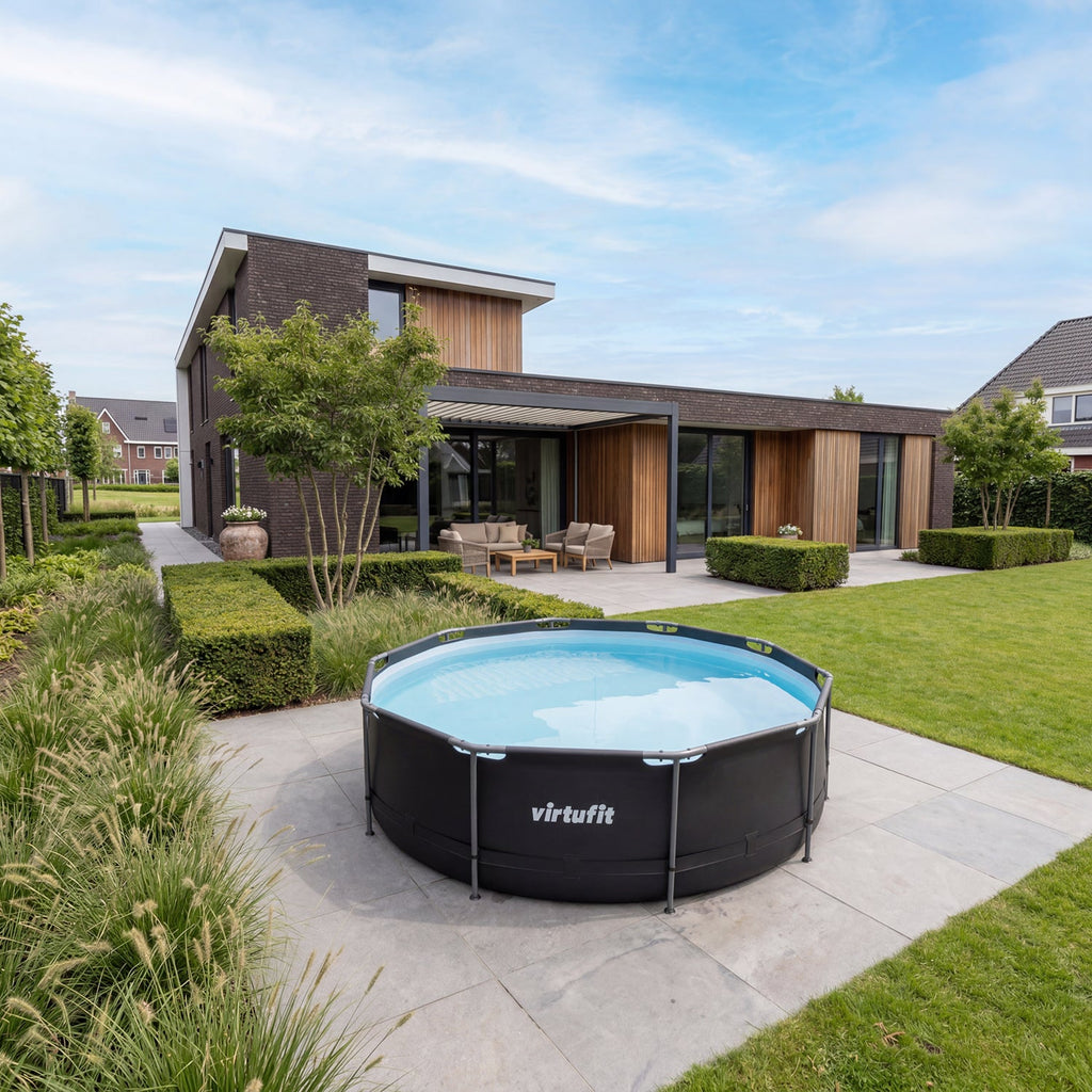 VirtuFit Zwembad Rond Ø366 x 100 cm - Antraciet - Compleet Pakket - In gebruik