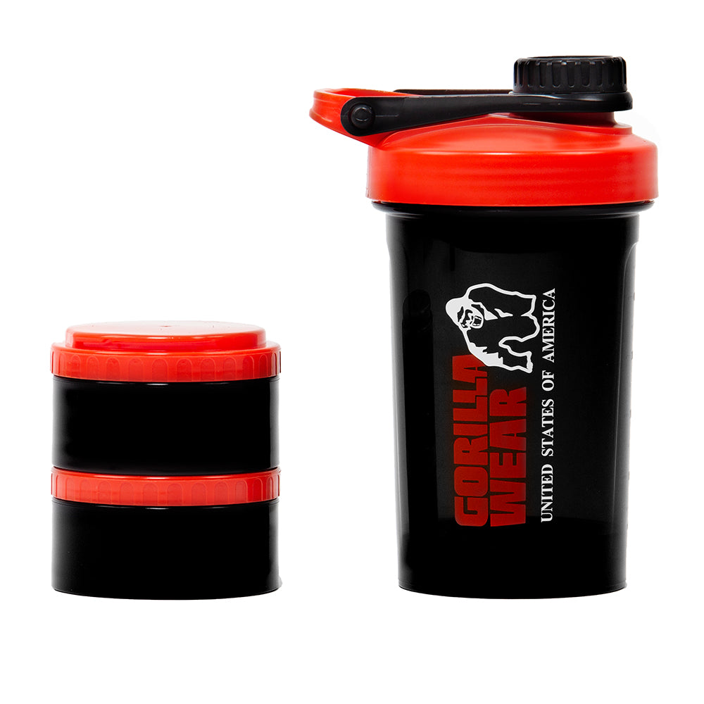 Gorilla Wear Shake Beker 2 GO - 500 ml + 2 x 130 ml - Zwart/Rood - In gebruik
